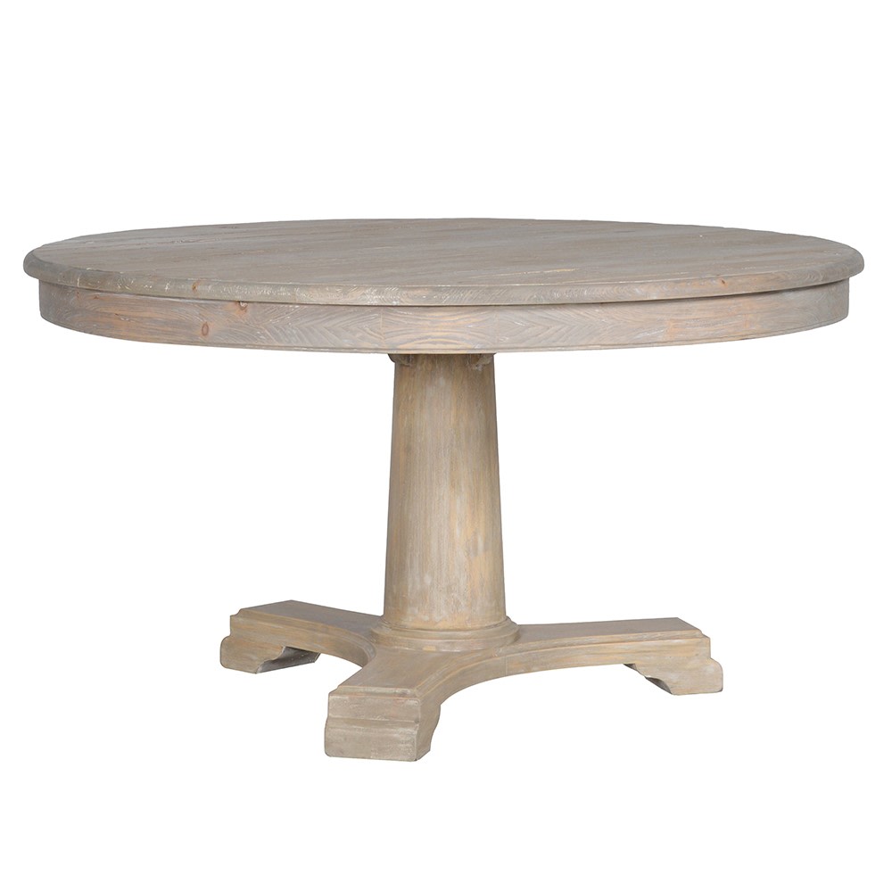 New England Style dining table with a pedestal base, expertly crafted from reclaimed pine and finished with a delicate pale tone.