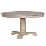 New England Style dining table with a pedestal base, expertly crafted from reclaimed pine and finished with a delicate pale tone.