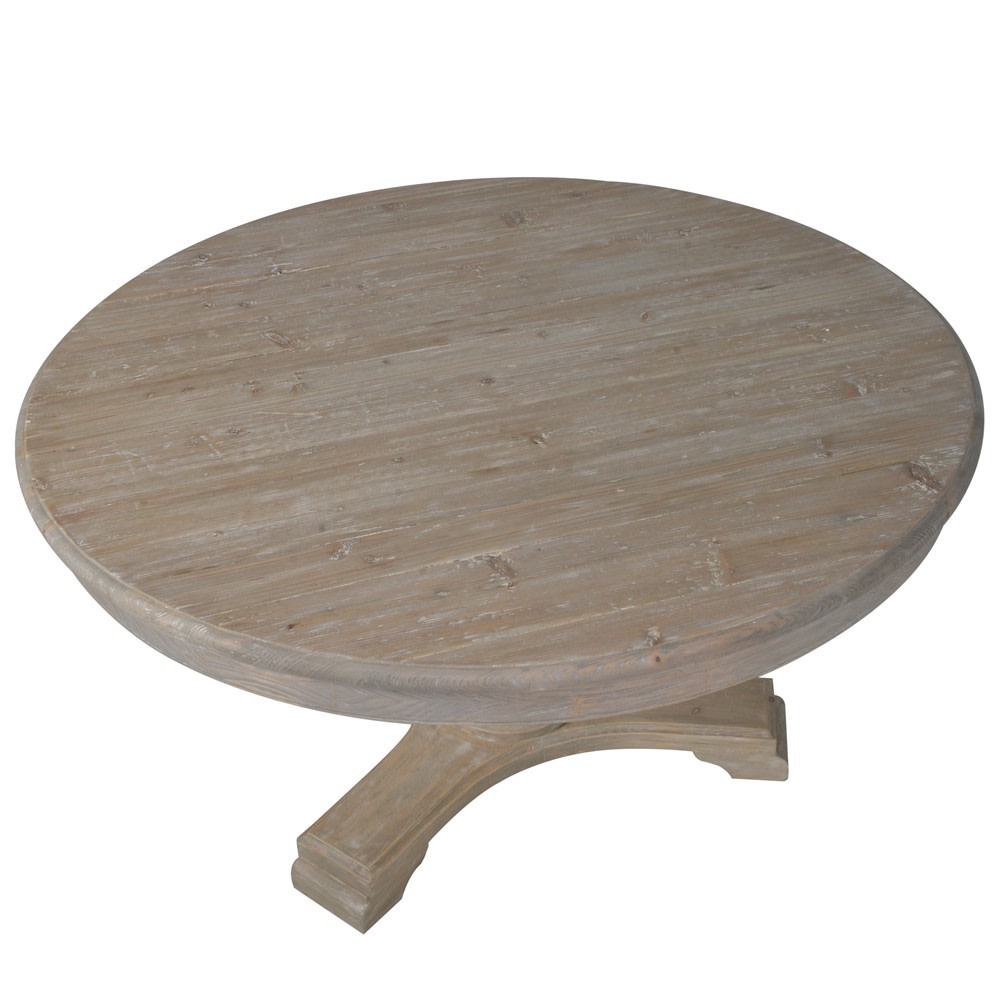 New England Style dining table with a pedestal base, expertly crafted from reclaimed pine and finished with a delicate pale tone.