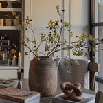 Decorative setup with branches in a vase on a table, books, and a candle in a modern interior setting.