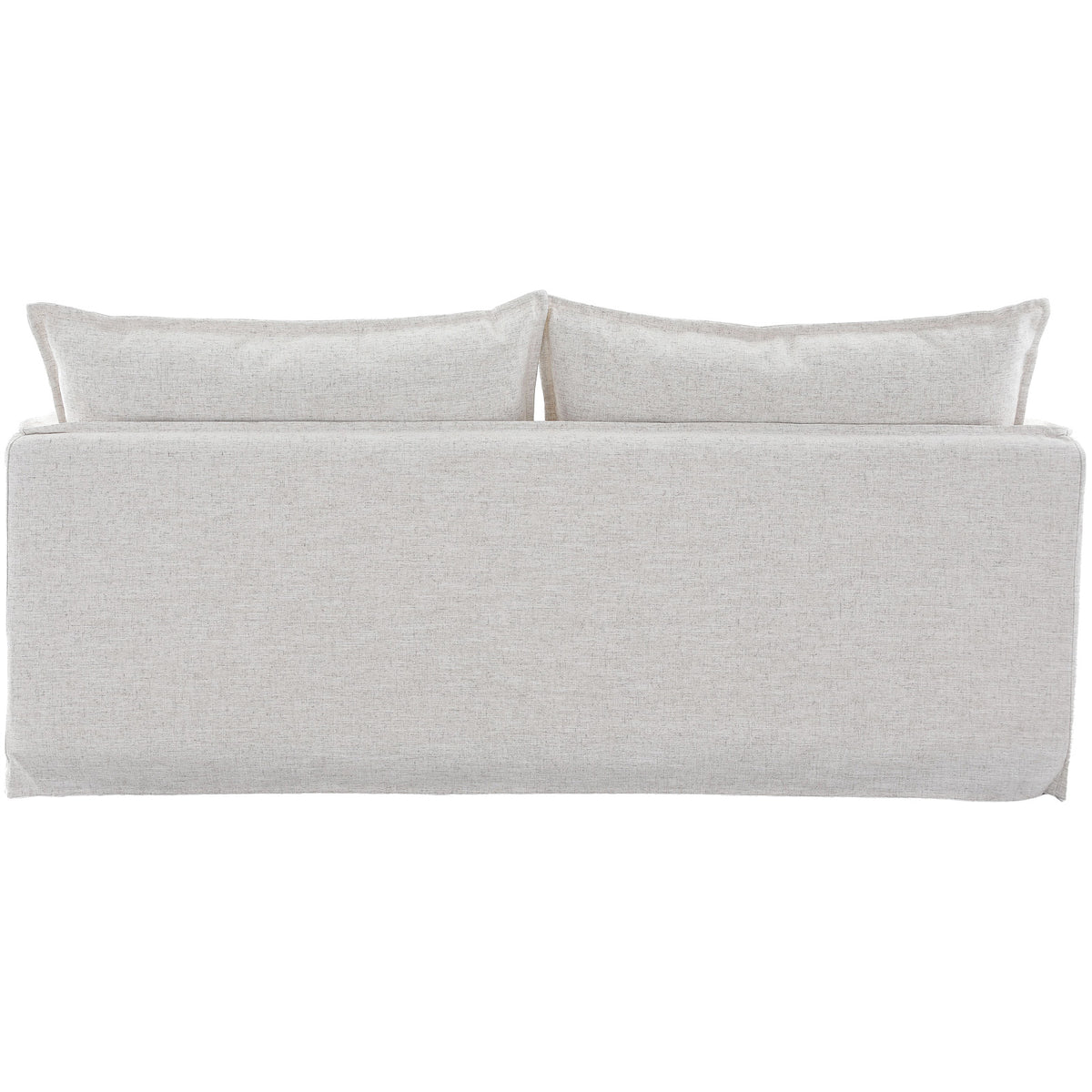 Linen upholstered bed with two pillows on a white background
