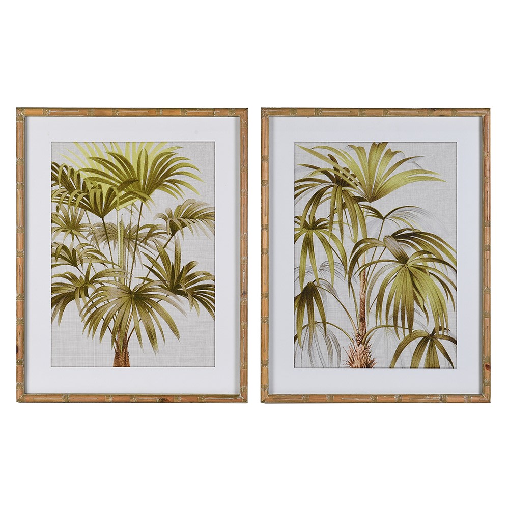 A set of two palm leaf framed wall art pieces complete in a bamboo effect wooden frame.