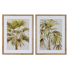 A set of two palm leaf framed wall art pieces complete in a bamboo effect wooden frame.