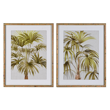 A set of two palm leaf framed wall art pieces complete in a bamboo effect wooden frame.