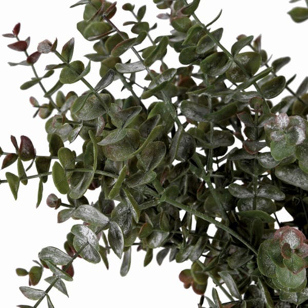 Close-up detail of the Trenwick faux eucalyptus foliage, showing the rounded small-leaf form with naturalistic burgundy flecking along the leaf edges