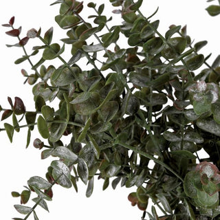 Close-up detail of the Trenwick faux eucalyptus foliage, showing the rounded small-leaf form with naturalistic burgundy flecking along the leaf edges