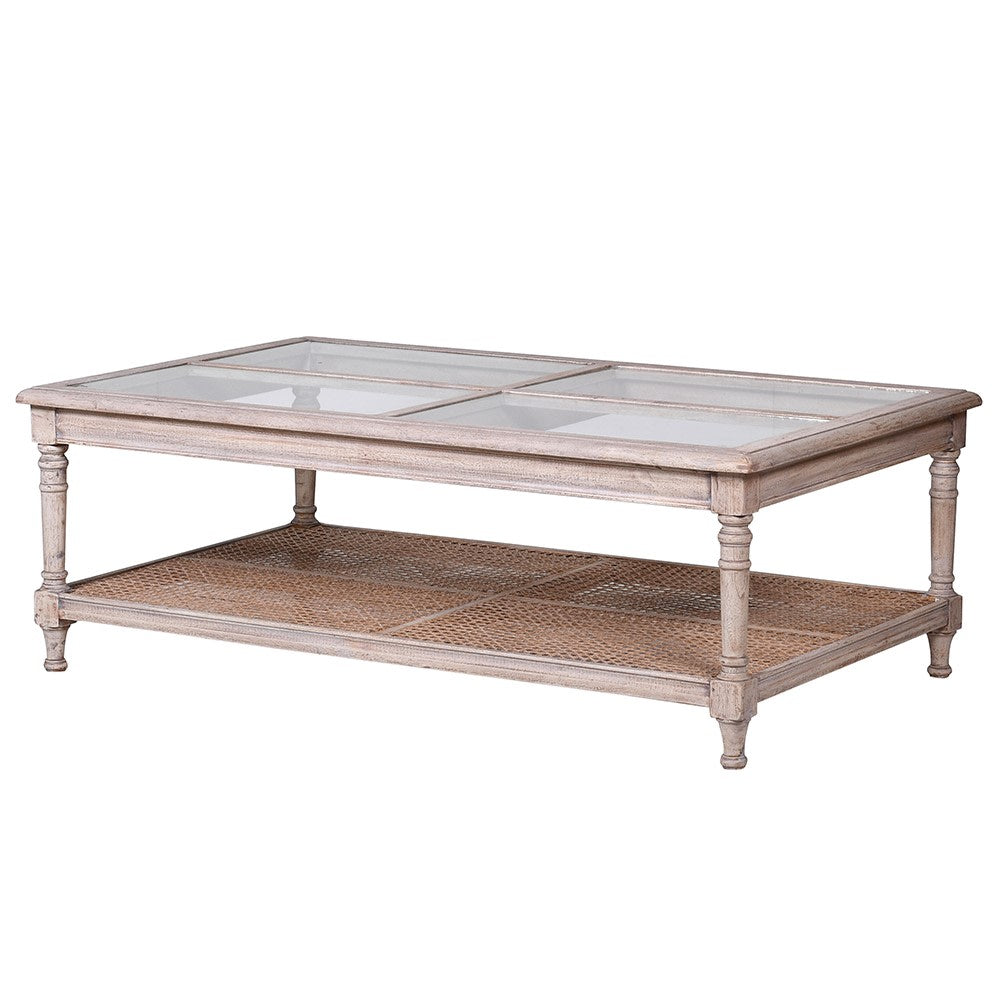 This coffee table is crafted from acacia wood with a rattan and glass top.