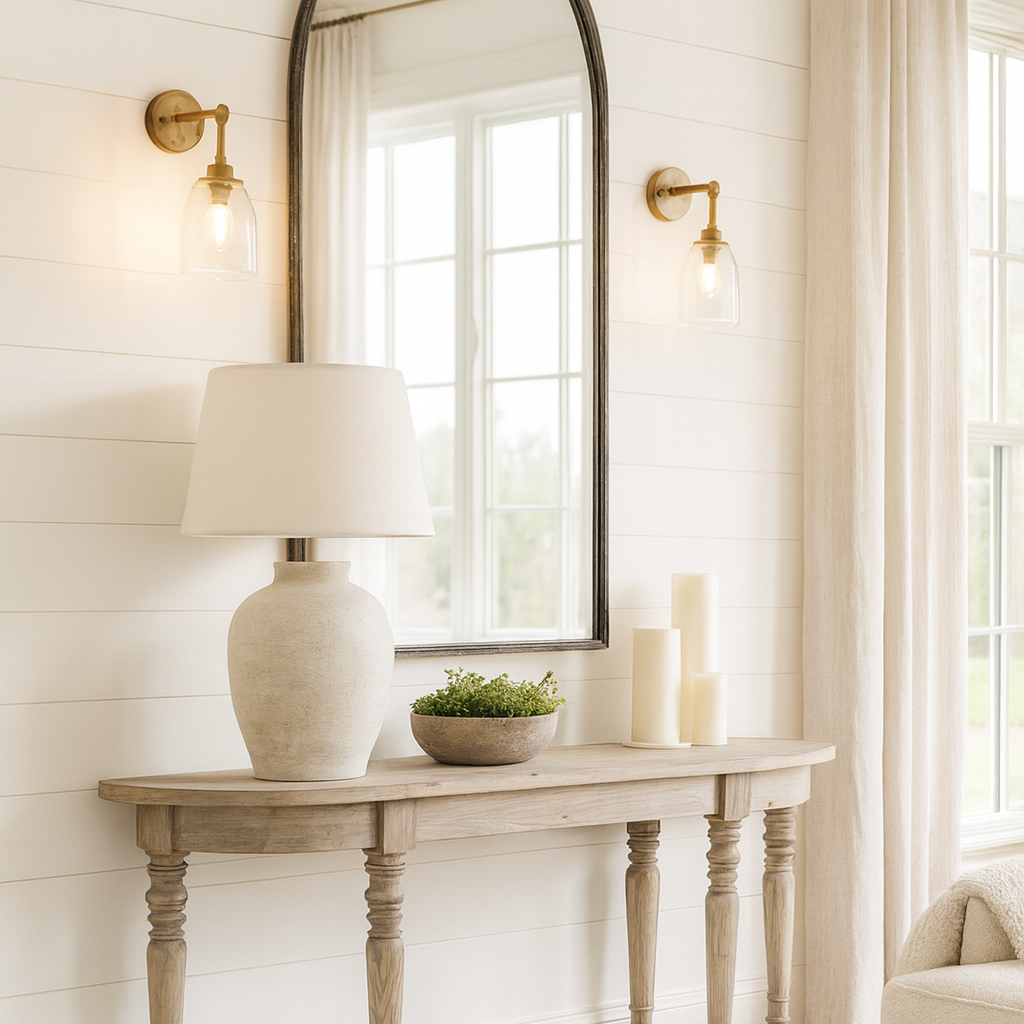 A rustic wooden console table with turned legs is placed against a white shiplap wall in a bright living room. Above the table hangs a large, black-framed arched mirror, flanked by two brass wall sconces with glass shades. On the table are a ceramic lamp with a white shade, a small bowl of greenery, and several pillar candles. Light linen curtains frame a large window, allowing natural light to fill the space.
