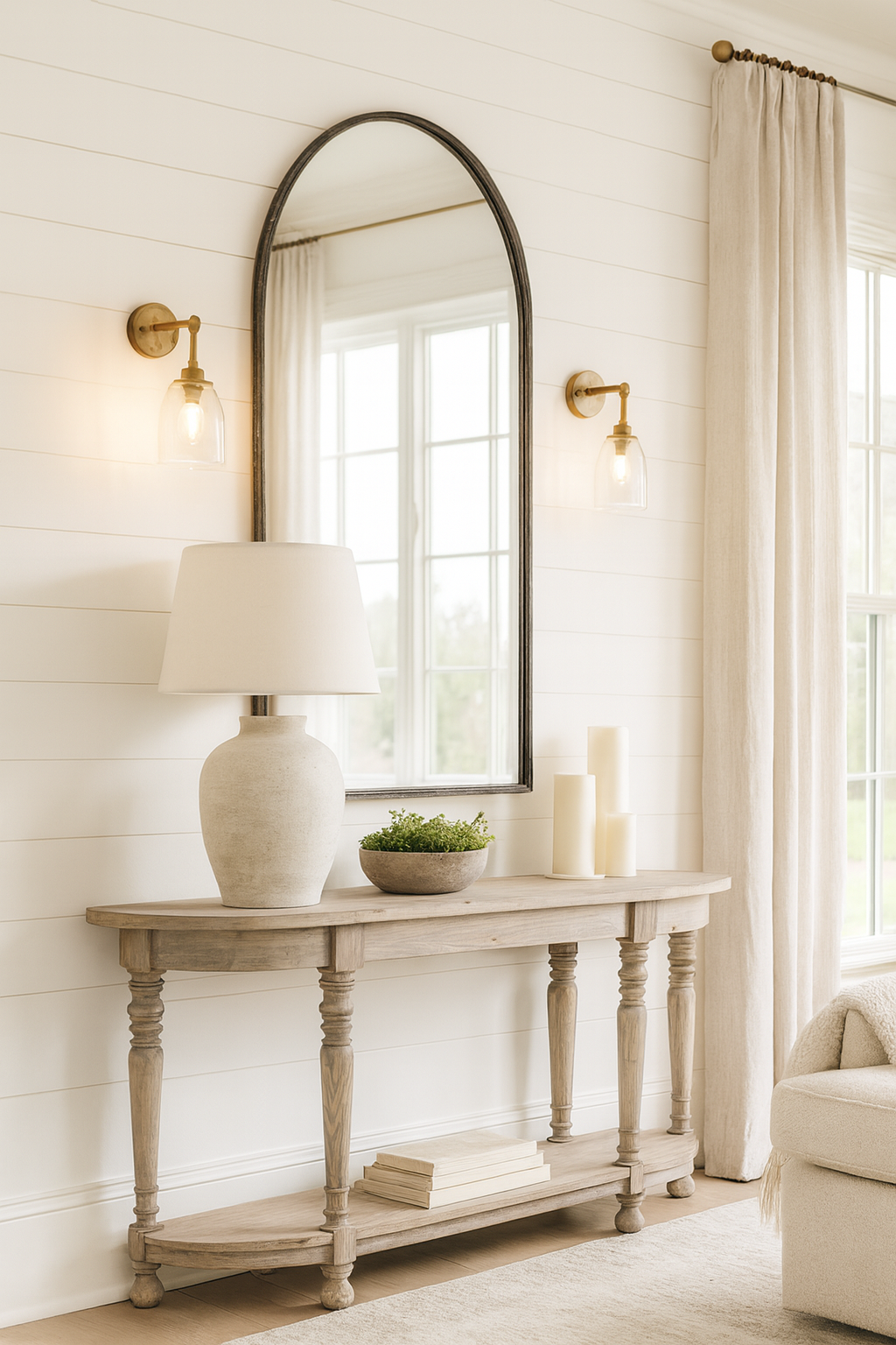 A rustic wooden console table with turned legs is placed against a white shiplap wall in a bright living room. Above the table hangs a large, black-framed arched mirror, flanked by two brass wall sconces with glass shades. On the table are a ceramic lamp with a white shade, a small bowl of greenery, and several pillar candles. Light linen curtains frame a large window, allowing natural light to fill the space.