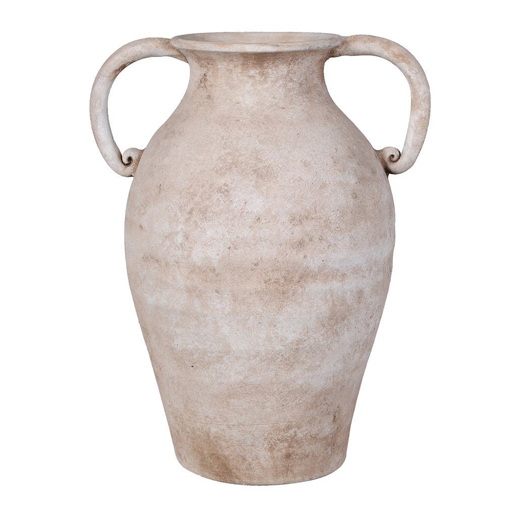 Santorini terracotta urn with classical amphora silhouette and twin scroll handles, photographed against a white background showing the weathered lime-washed finish