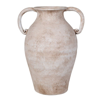 Santorini terracotta urn with classical amphora silhouette and twin scroll handles, photographed against a white background showing the weathered lime-washed finish