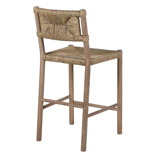 Bar stool with woven backrest and seat on a white background
