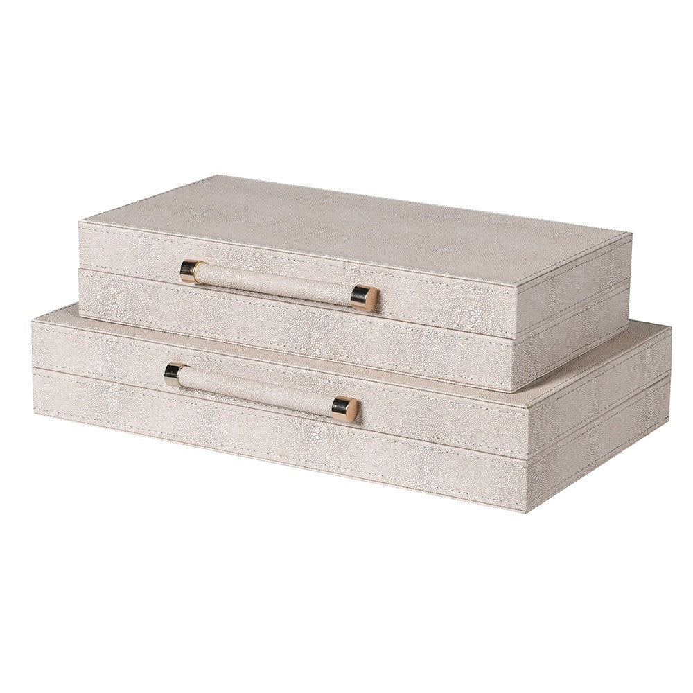 textured shagreen decorative storage boxes with neutral finish and lined interior
