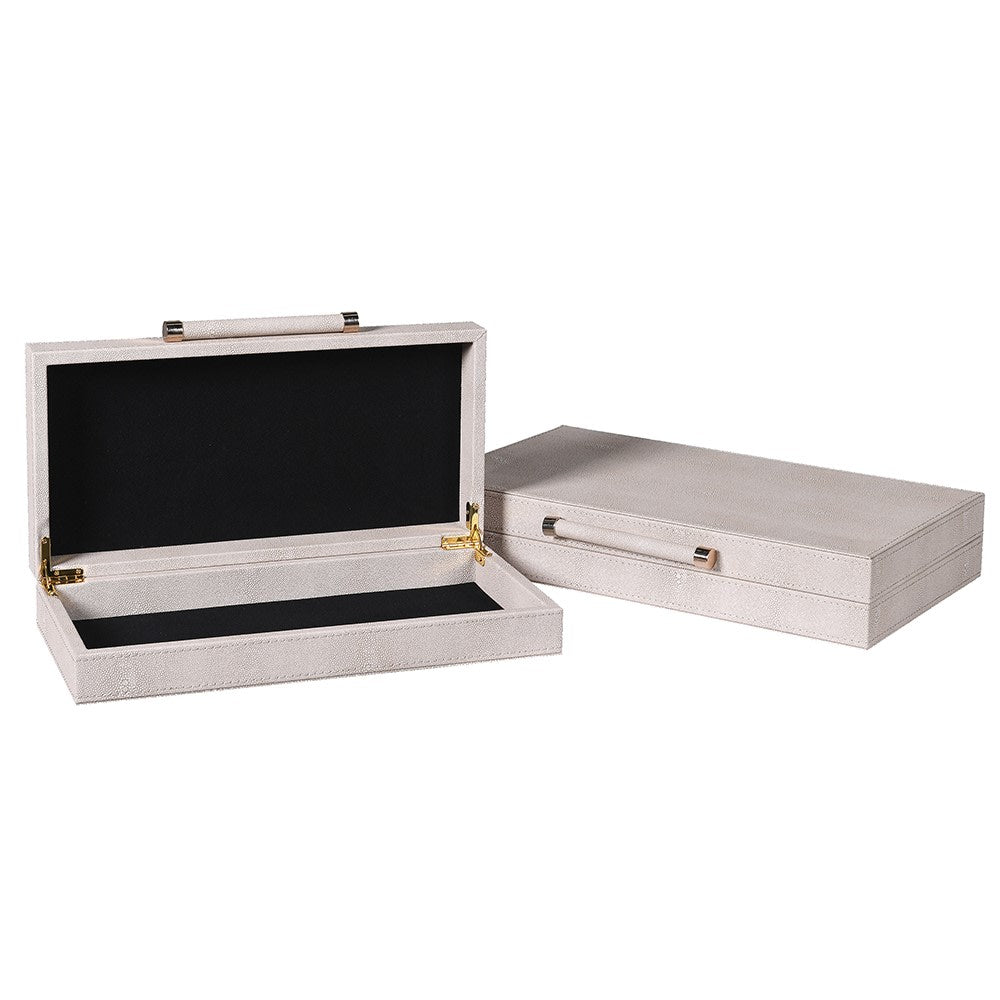 textured shagreen decorative storage boxes with neutral finish and lined interior