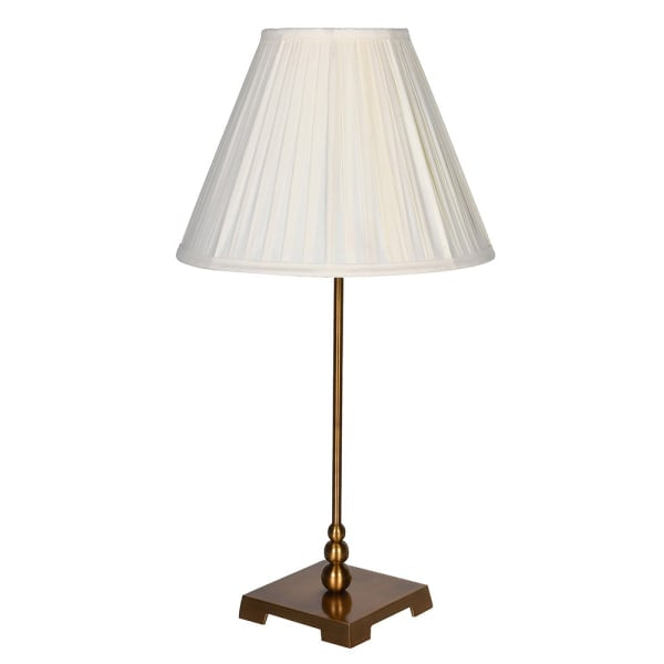 Coln slim table lamp with brass finish stem, square bronze base and white pleated shade