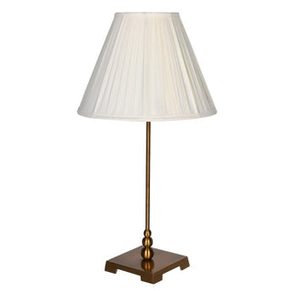 Coln slim table lamp with brass finish stem, square bronze base and white pleated shade