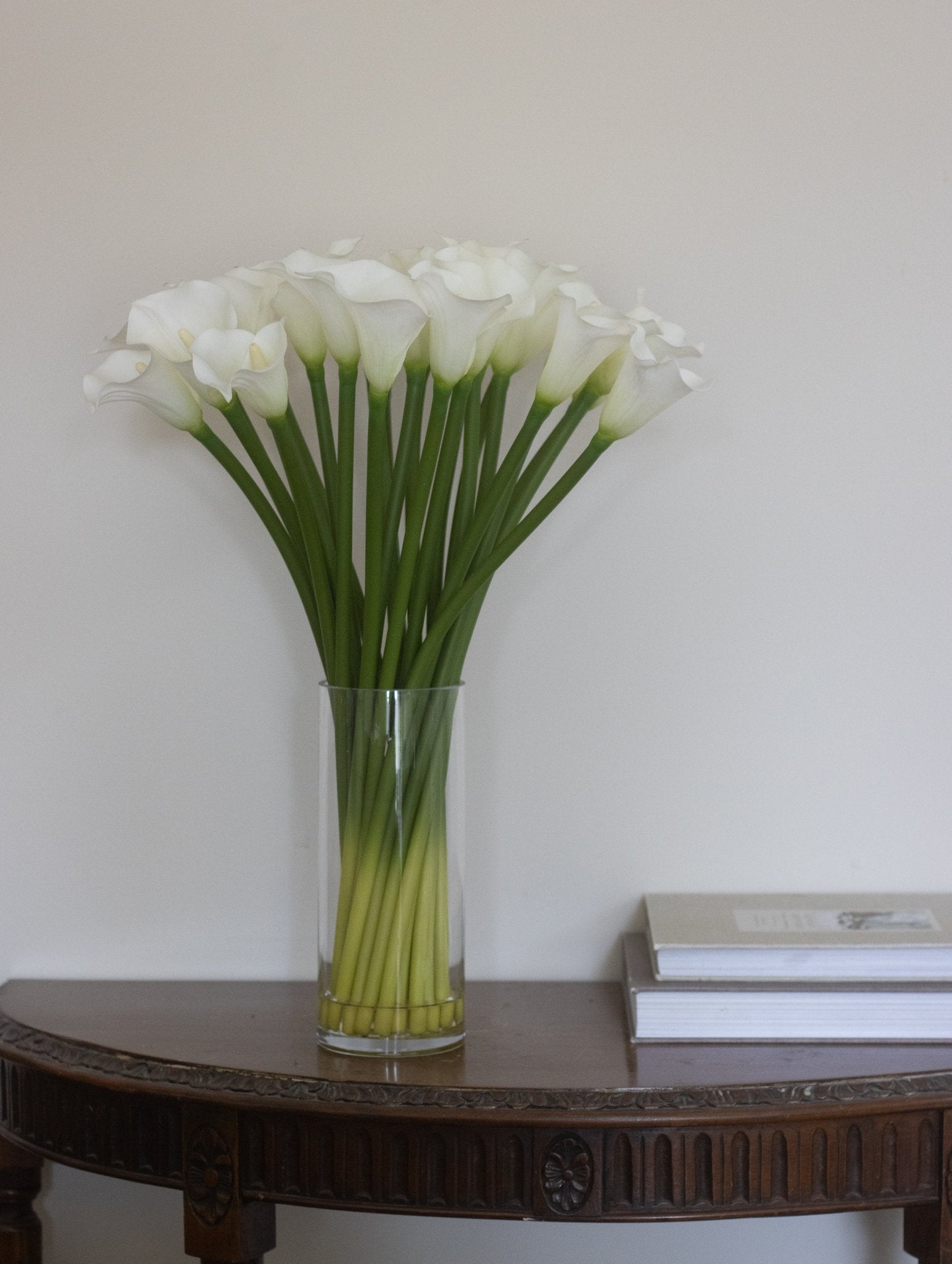 white calla lilies in glass column vase Tall Faux Calla Lily Arrangement – CharlesTed Home