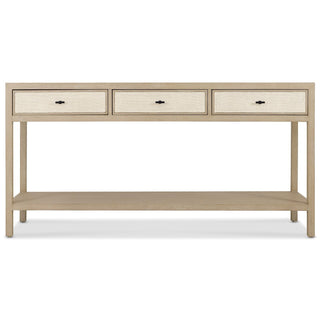 Tranquility three-drawer console table in light oak with woven linen-effect drawer fronts, front view