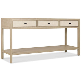 Tranquility oak console table angled view showing slim frame and lower display shelf