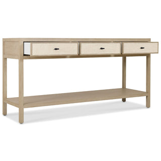  Tranquility console table with drawers open showing white-lined interiors