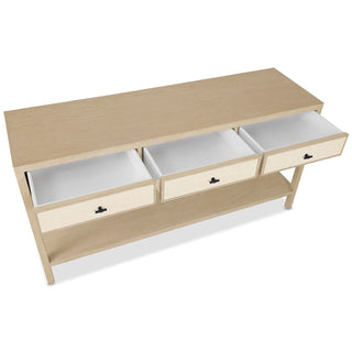 Tranquility console table with drawers open showing white-lined interiors