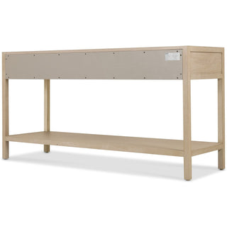 Rear view of the Tranquility console table showing the light oak frame and lower shelf