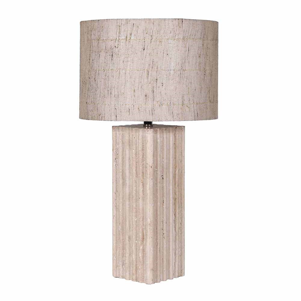 close-up of travertine lamp base and textured linen shade