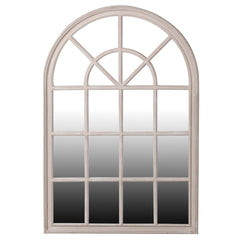 A beautiful wooden arched framed mirror finished in a soft distressed taupe