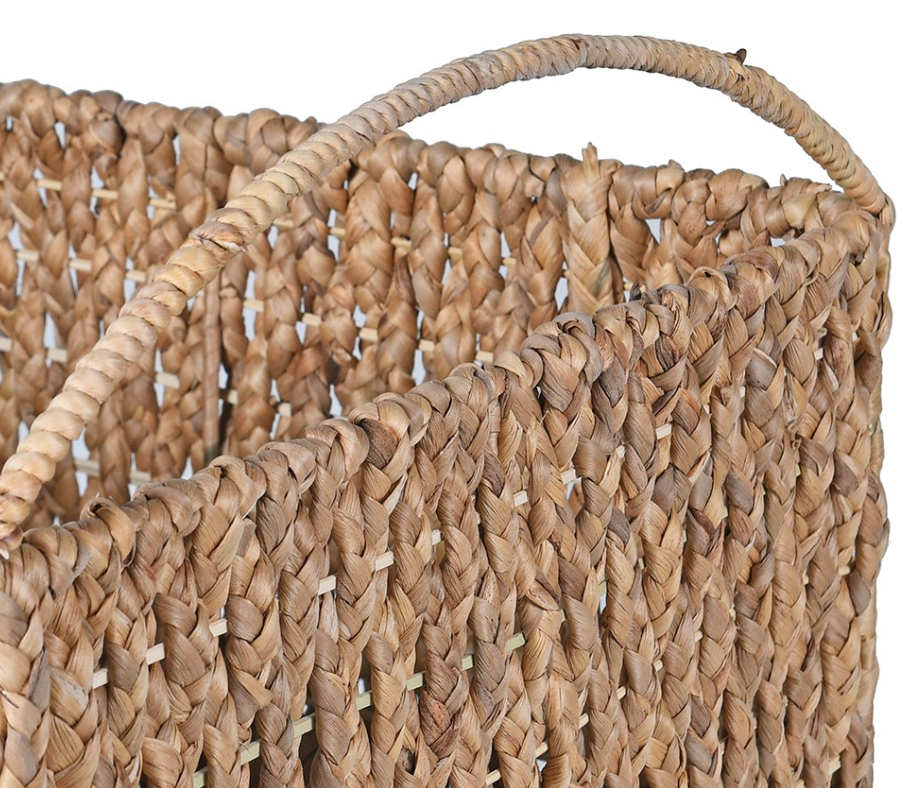 Close-up of natural woven texture on rectangular water hyacinth basket