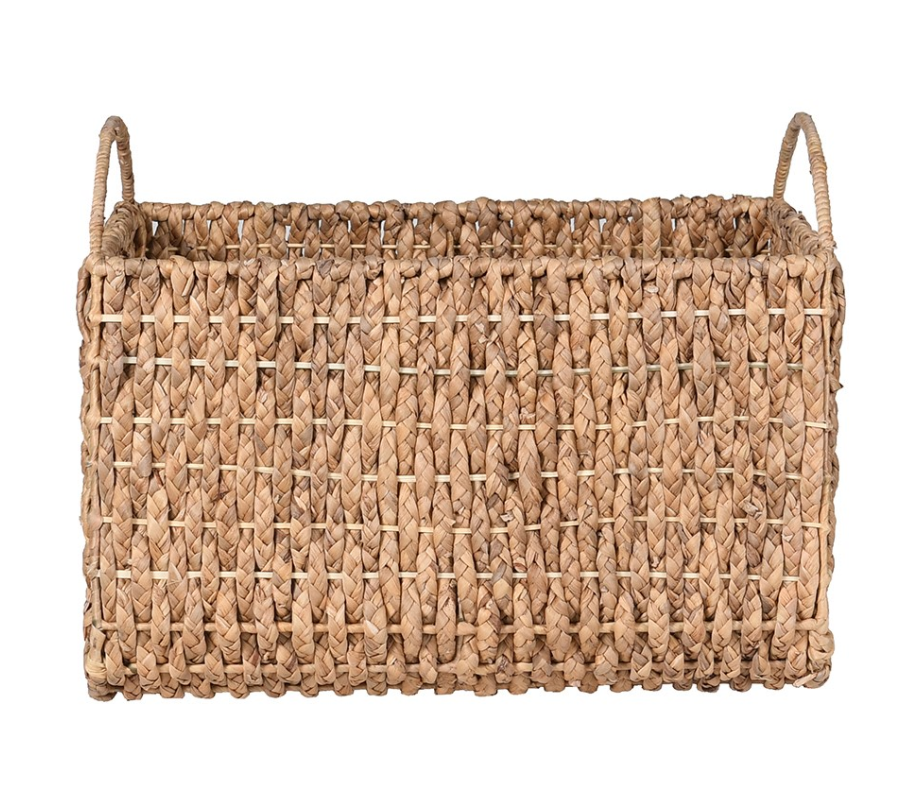 Side view of eco-friendly rectangular woven storage basket