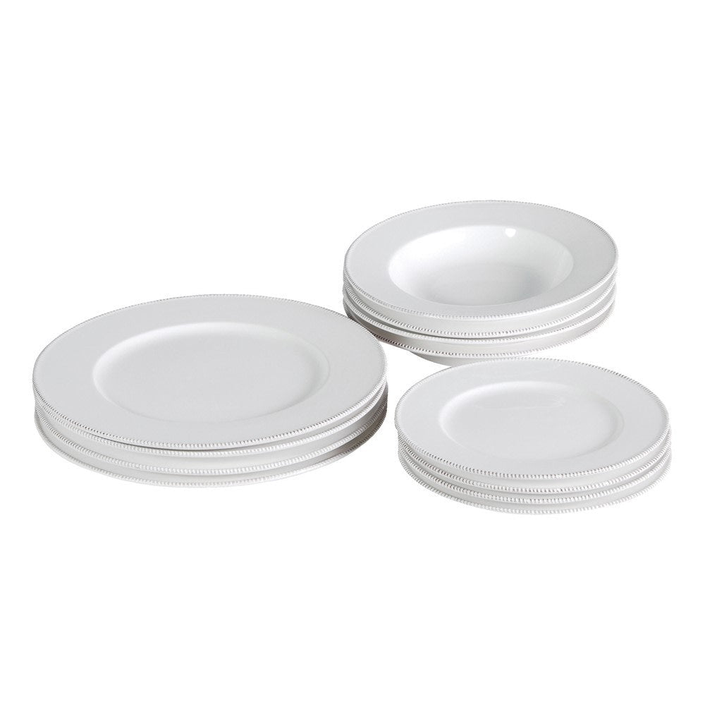 Wexford 12-piece white stoneware dinner service with beaded edge — four dinner plates, four rimmed bowls and four side plates