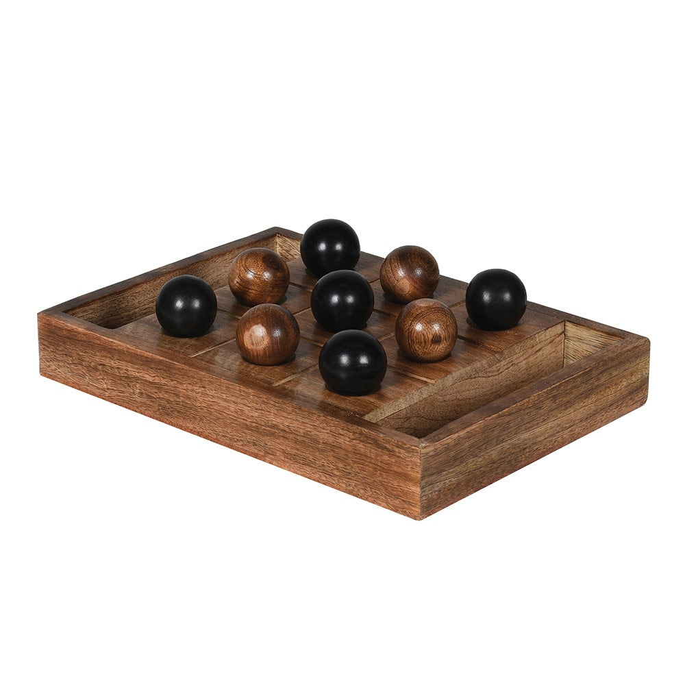 Handcrafted wooden tic tac toe game with solid wood board and wooden ball pieces displayed on a tabletop