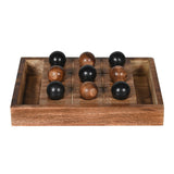 Handcrafted wooden tic tac toe game with solid wood board and wooden ball pieces displayed on a tabletop