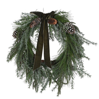 Kielder faux pine and cedar wreath with pinecones and olive velvet bow