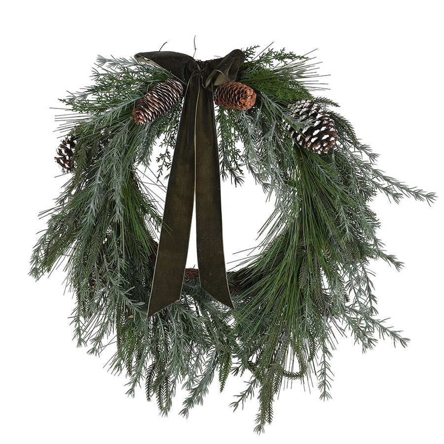 Kielder Faux Pine and Cedar Wreath with Velvet Bow