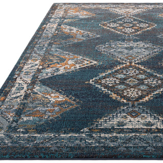 Close-up of the Zola Kian rug pattern in blue and green