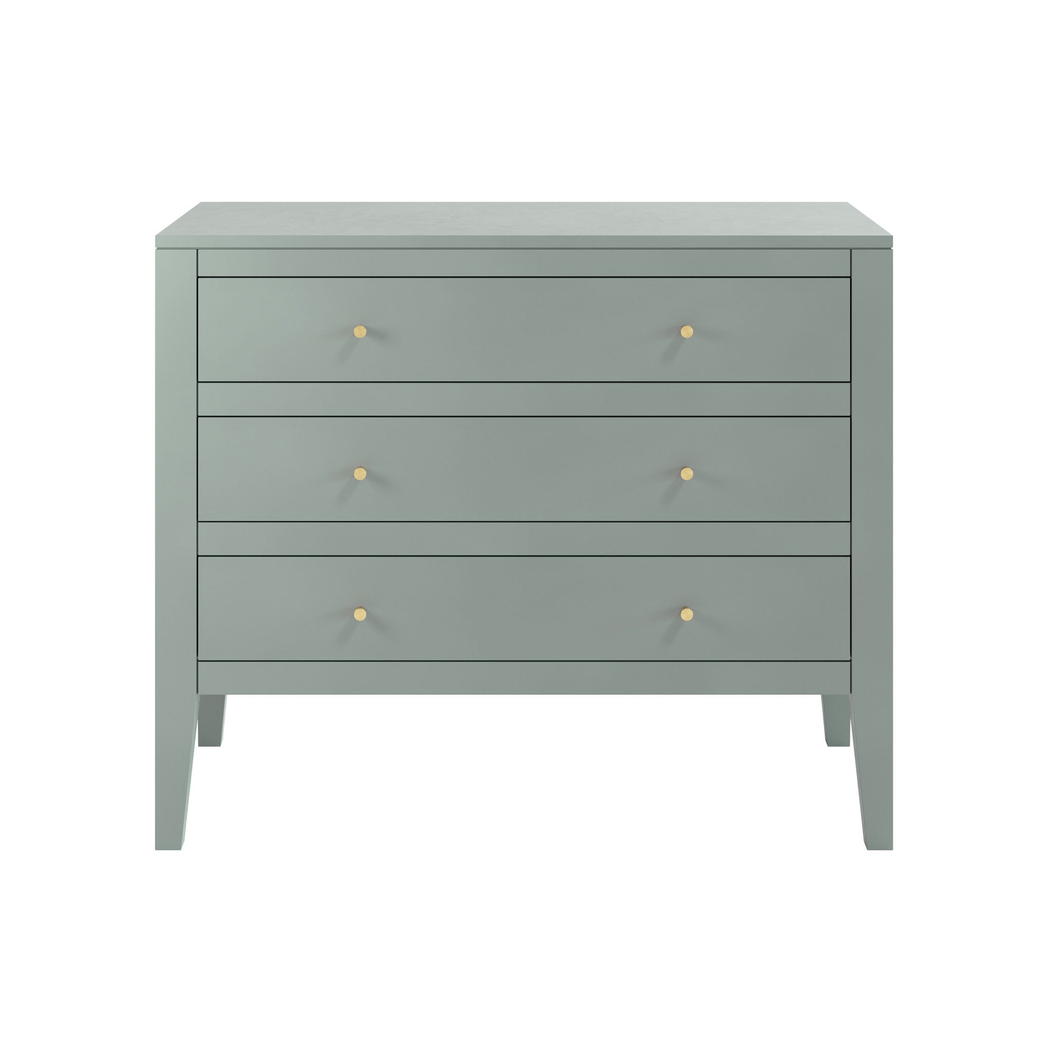 Pigeon grey three drawer chest of drawers in birch wood and mdf, featuring tapered legs, cut lines, wooden runners on drawers and brass style handles