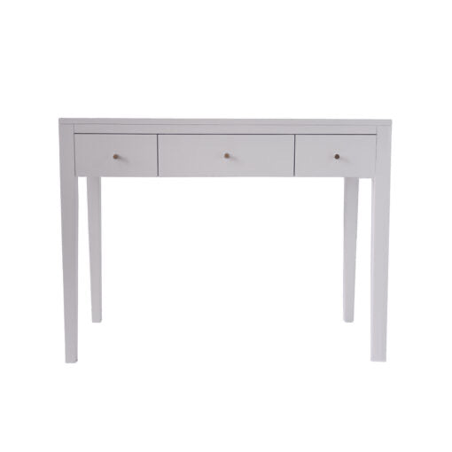 Three drawer white console table in birch wood and mdf, tapered legs, cut lines, wooden runners on drawers and brass style handles

100W x 45D x 76H cm;  20kg

Please see attached care instructions