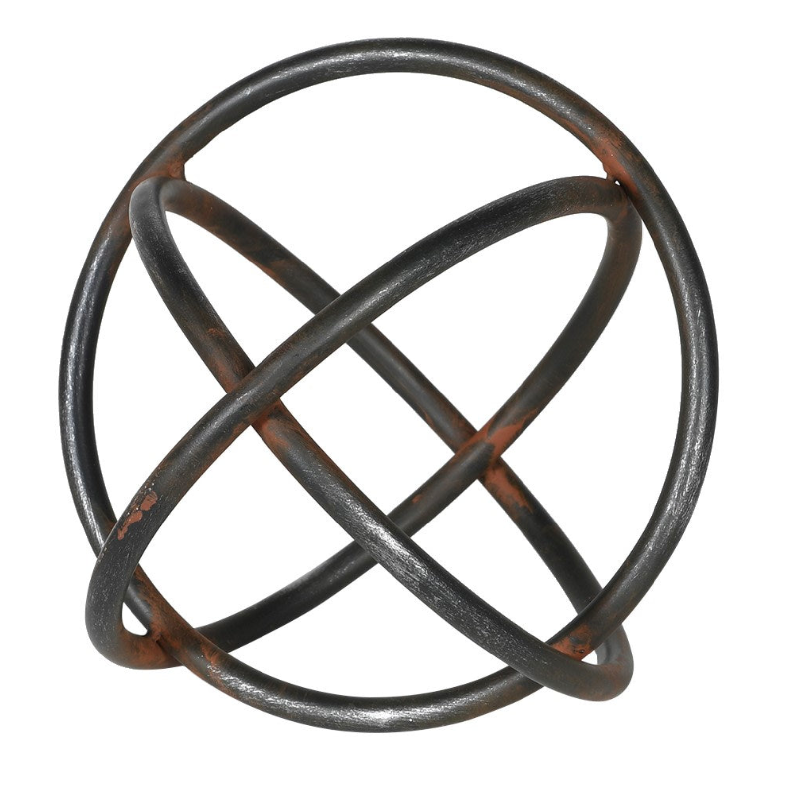 Three metal rings, intertwined in a sphere