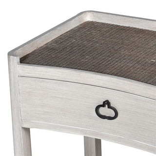 Whitewashed durian wood bedside table with single drawer and open shelf close up