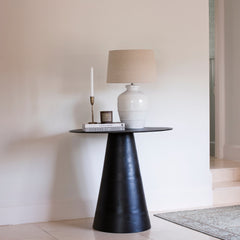 Lucia White Ceramic Lamp styled in entryway with black console table
