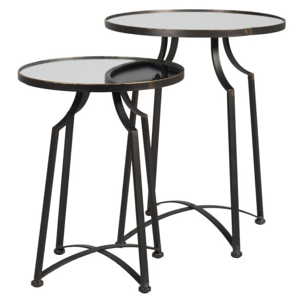 A beautiful set of two nesting tables finished crafted from metal and finished in warm bronze tones finished with a mirror top.