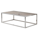 A rectangular coffee table with a wooden parquet top and a metal frame.