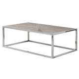A rectangular coffee table with a wooden parquet top and a metal frame.