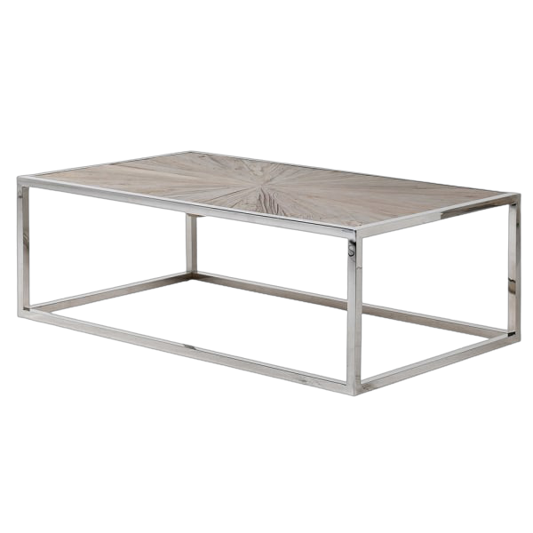 A rectangular coffee table with a wooden parquet top and a metal frame.
