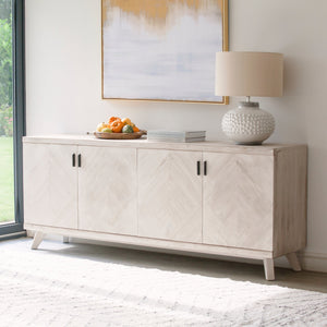 Whitewashed Fir Wood Parquet Sideboard | Handmade 4 Door Storage Cabinet with Natural Finish