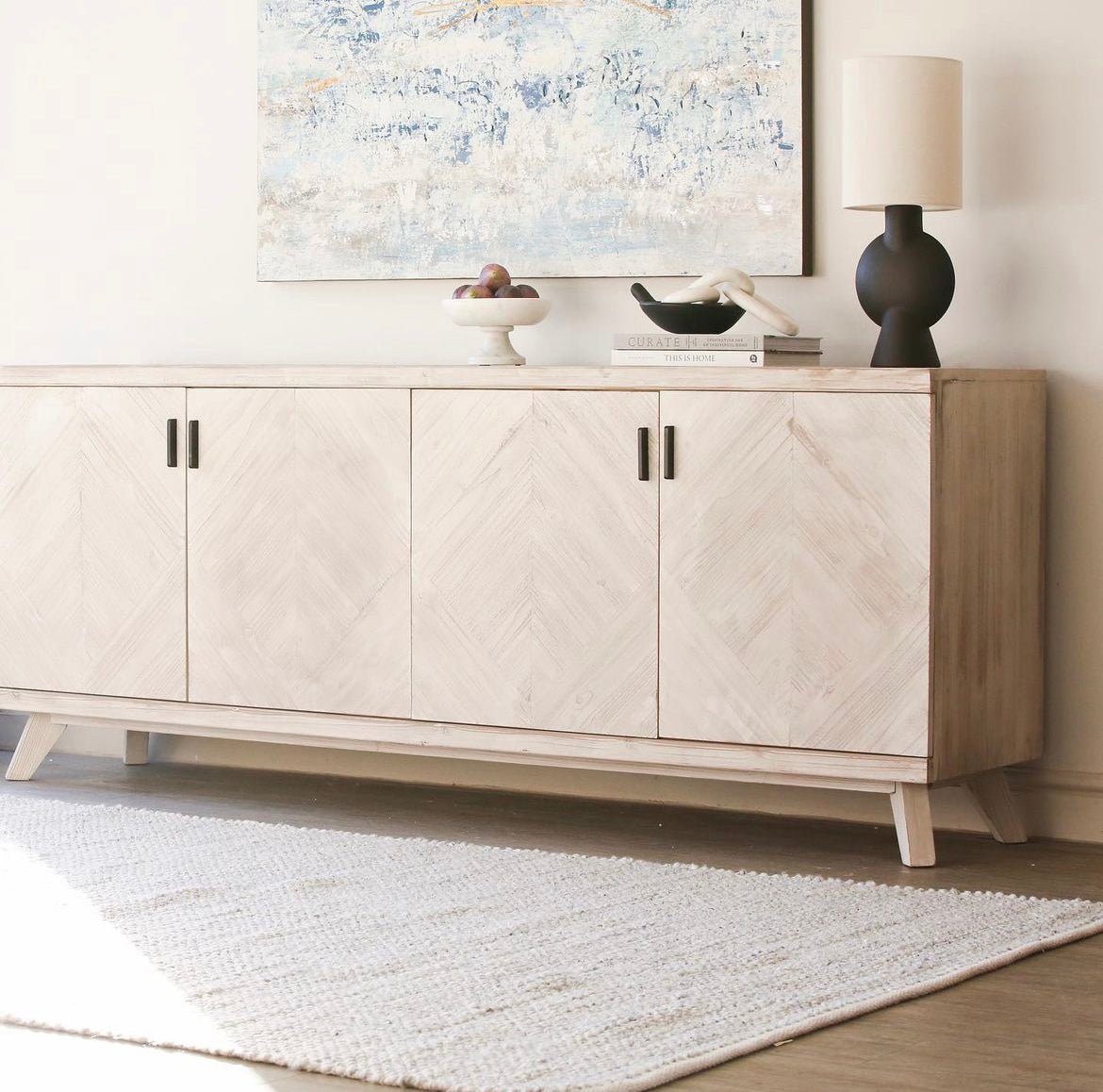 Charles Ted Whitewashed Fir Wood Parquet Sideboard – Handmade 4 Door Storage Cabinet with Natural Finish - CharlesTed Home