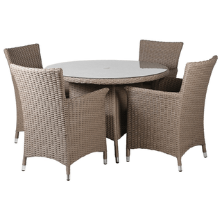 Tavira outdoor dining set in warm taupe faux PE rattan with round glass-topped table, parasol hole and four sculpted high-backed dining chairs