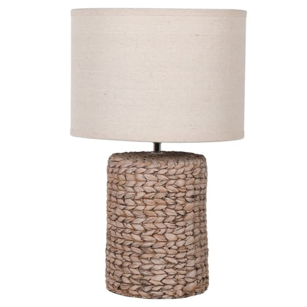 A fabulous Statement Lamp with a chunky rope effect base in natural tones topped with a neutral oatmeal lampshade.
