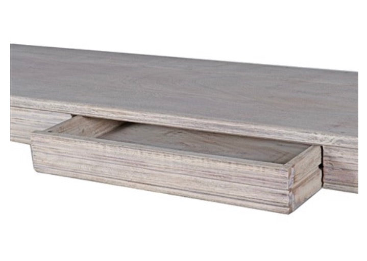 Large acacia wood console table supported by two balustrades